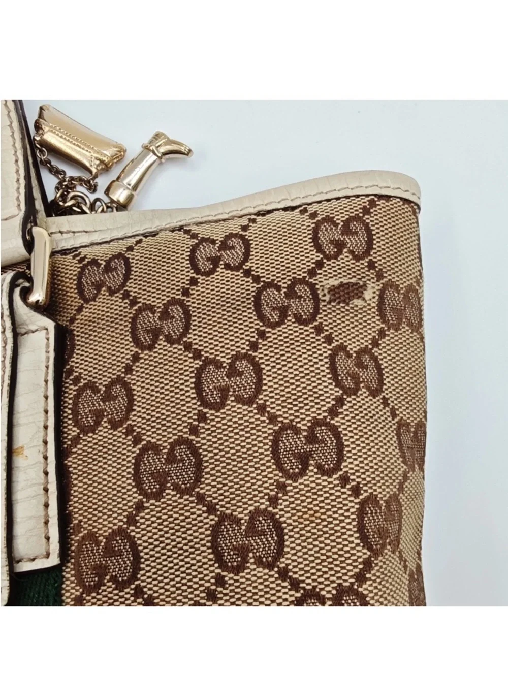 Gucci Beige GG Canvas Tote with Green-Red Stripe - Picture 7 of 14